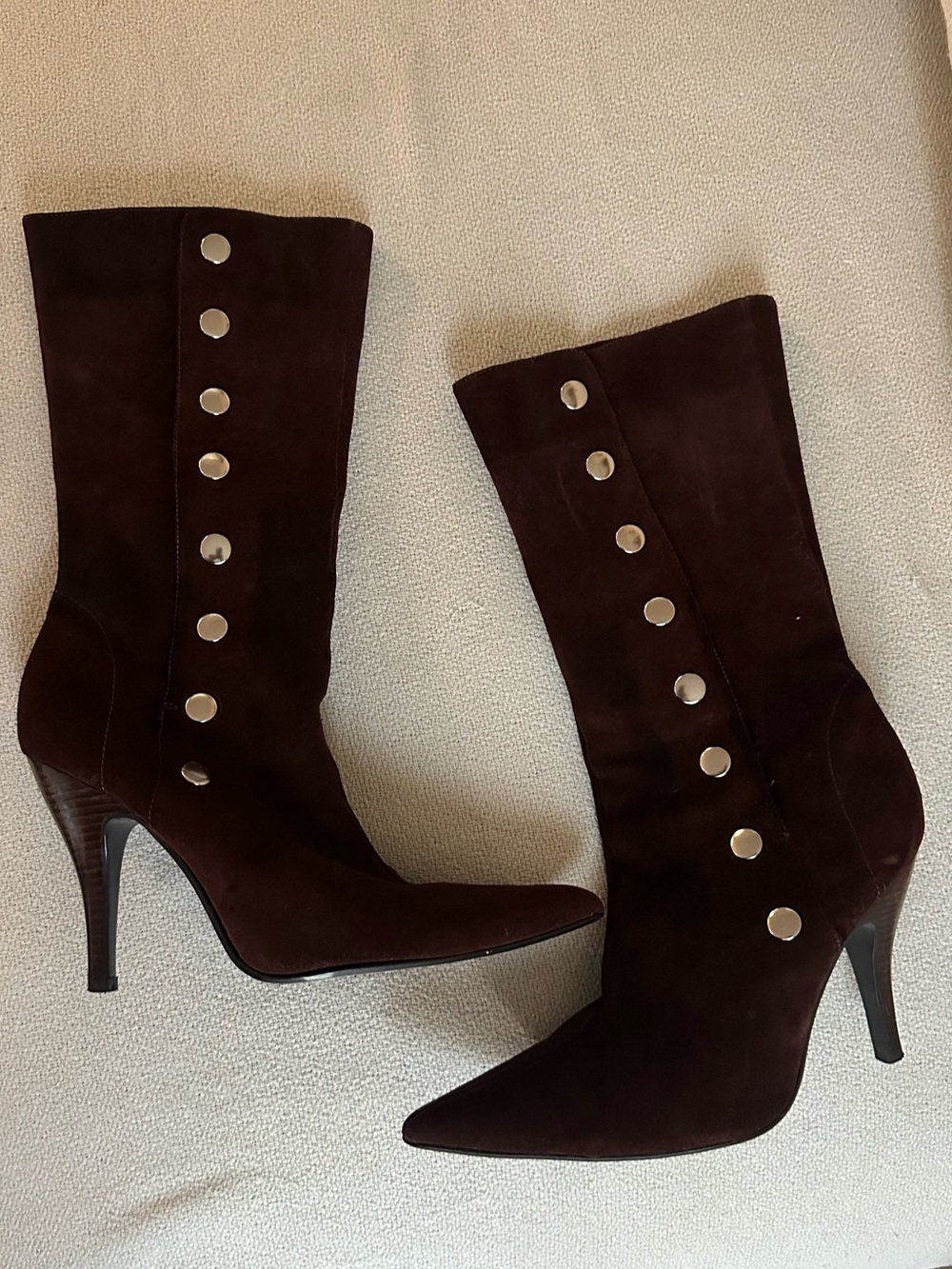 Steve Madden Dark Brown Suede Mid-Calf Button Booties